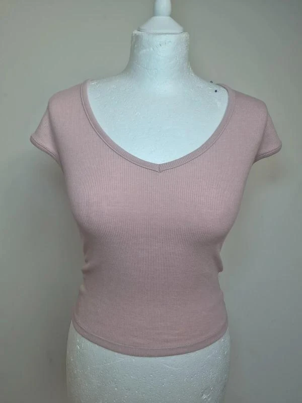 Bershka Top col en V Rose Pastel Taille S